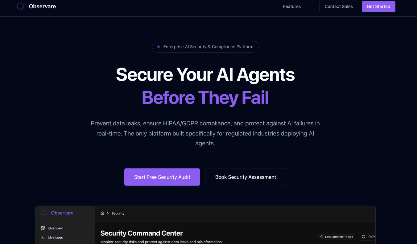 Observare.ai marketing site homepage with hero section and value proposition