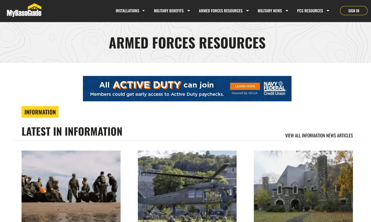 MyBaseGuide homepage showing the main navigation, hero section, and featured content